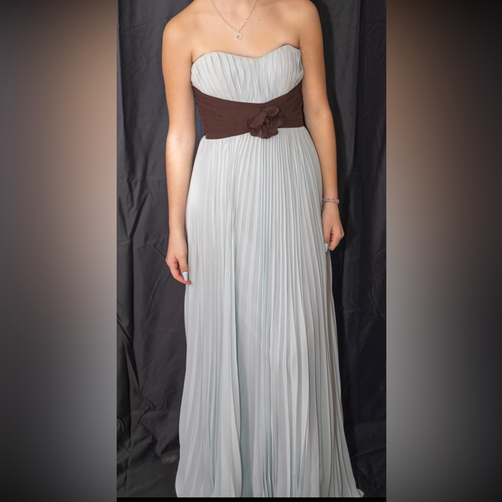 Light turquoise with brown belt, chiffon dress